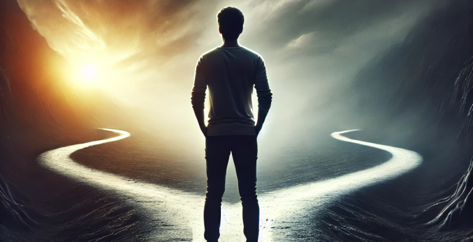 A person stands at a crossroads, facing two diverging paths—one dark and foreboding, the other bright and inviting, symbolizing the choice between avoiding and facing consequences.
