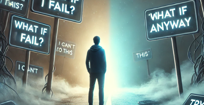 Person choosing between two symbolic mindset paths—fear-based and growth-oriented.